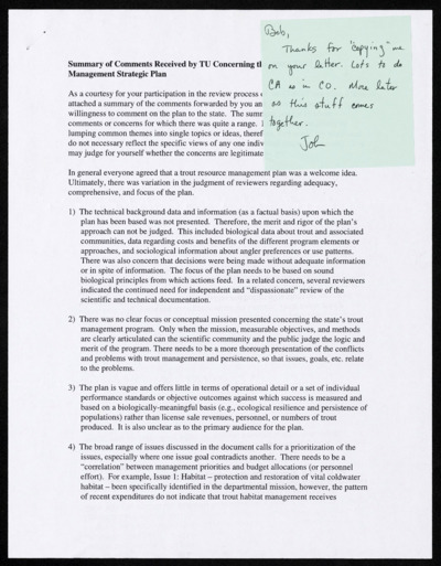 Trout Unlimited - correspondence on fish management strategies and plans