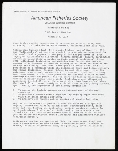 American Fisheries Society - Colorado and Wyoming 14th Annual meeting materials