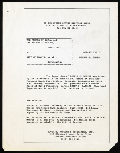 Pueblo of Acoma vs City of Grants - deposition Robert J. Behnke