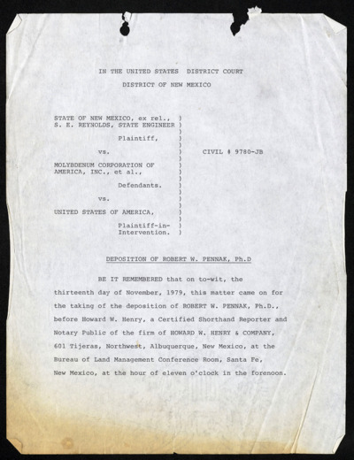 State of New Mexico vs Molybdenum Corporation of America, Inc. - deposition Robert W. Pennak