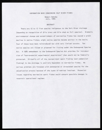 Salt River Project - fisheries - aquatic biology, 1985-1992