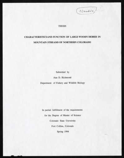 Ann D. Richmond - large woody debris in mountain streams - thesis, 1994