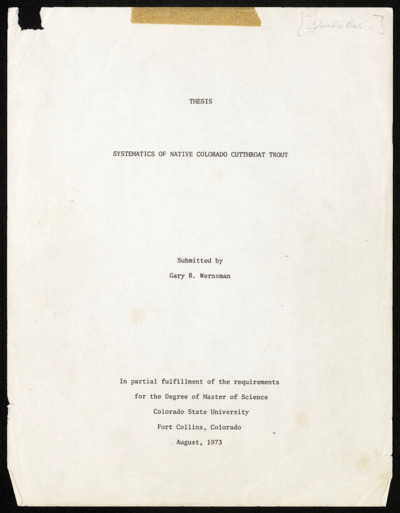 Gary R Wernsman - native Colorado cutthroat trout - thesis, 1973