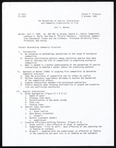 Course materials on species interactions of fishes