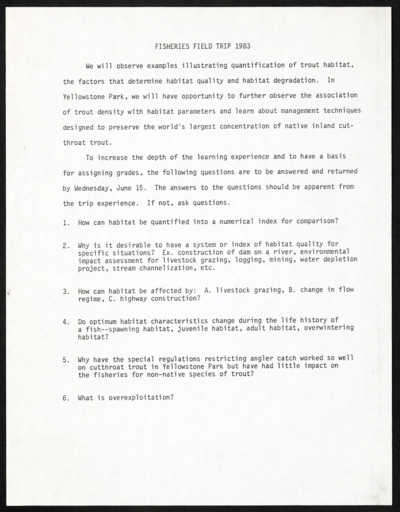 Fisheries field trip to Yellowstone, 1983