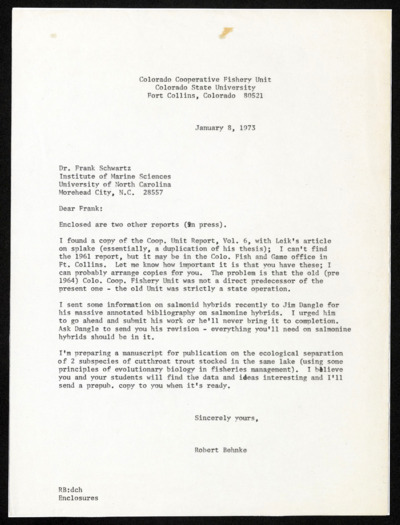 Office correspondence - outgoing from Robert Behnke copies, 1973 January-June
