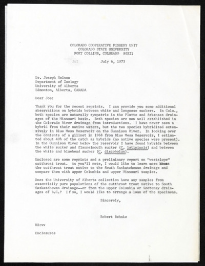 Office correspondence - outgoing from Robert Behnke copies, 1973 July-1974 June