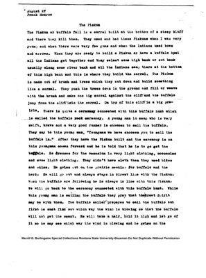 A three page document written by Frank Monroe describing the Piskun, or Buffalo Fall.