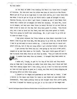 A 7 page story written by John Lamot about working for a Baker and his journeys on his way to Fort Benton, Montana