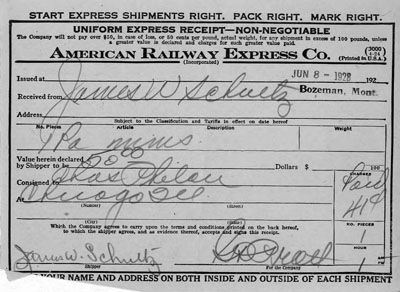 American Railway Express Co. - Uniform Express Receipt Belonging to James Willard Schultz 1928