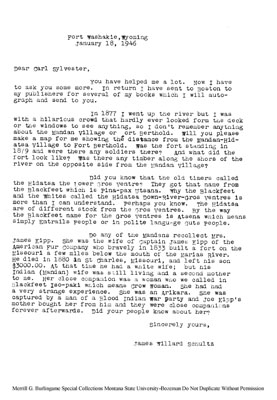 A letter from James W. Schultz to Carl Sylvester requesting information about the Mandan-Hidatsa Village