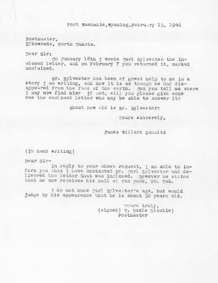 Letter between James Willard Schultz and V. Hazle Blockie about a Letter That Was Not Delivered