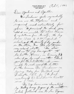 Frank B. Wisner - Letter to James Willard Schultz