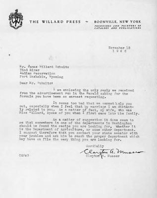 Clayton A. Musser - Letter to James Willard Schultz