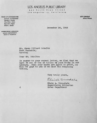 Los Angeles Public Library - Letter Written from Elsie A. Truesdale to Mr. James Willard Schultz Informing Him of his Published Books in the Library