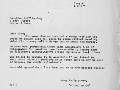 Cowboy Brady - Letter to James Willard Schultz