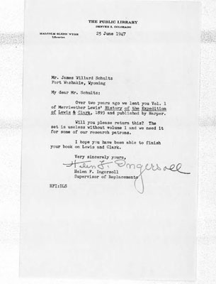 Helen F. Ingersoll - Letter to James Willard Schultz