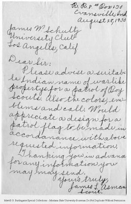 Letter by James L. Asman Scout to Mr. James Willard Schultz Asking Him to Advise Him in Creating Indian Names