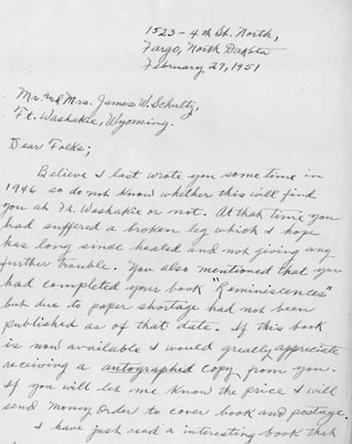 Harry Ostby - Letter to James Willard Schultz
