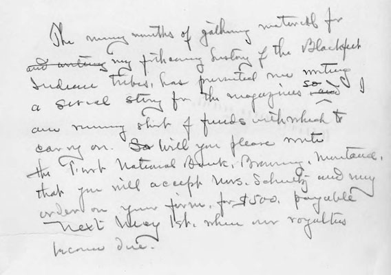 Note Regarding Royalties for History of Blackfeet Indian Serial Magazine Article