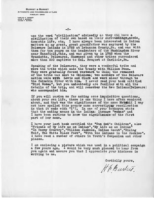 A two page letter from Harlan F. Burket to James W. Schultz addressing information about Schultz's life, 1930