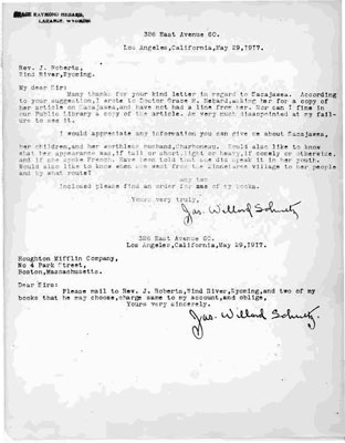 Letter James Willard Schultz Wrote to Rev. J. Roberts Seeking Information on Sacajawea