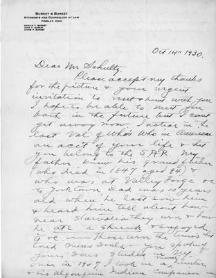 A hand written letter from Harlan Burket to James W. Schultz addressing family history, 1930