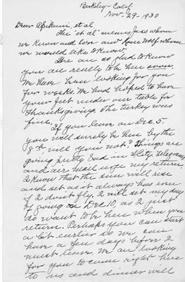 A Letter Written From Rose Taylor to James Willard Schultz about Drinks, Food, and Thanksgiving.