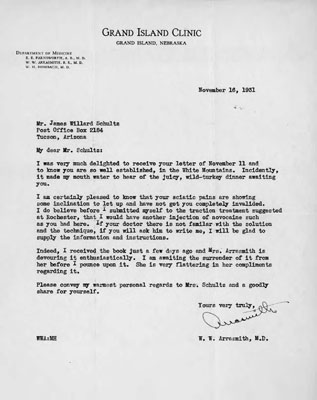 Letter Written by W.W. Arrasmith to Mr. James Willard Schultz Concerning Injections of Novacaine