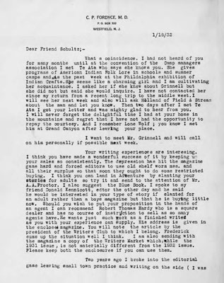 A Letter Written by C.P. Fordyce to James Willard Schultz Asking Schultz To Write Back About His Life