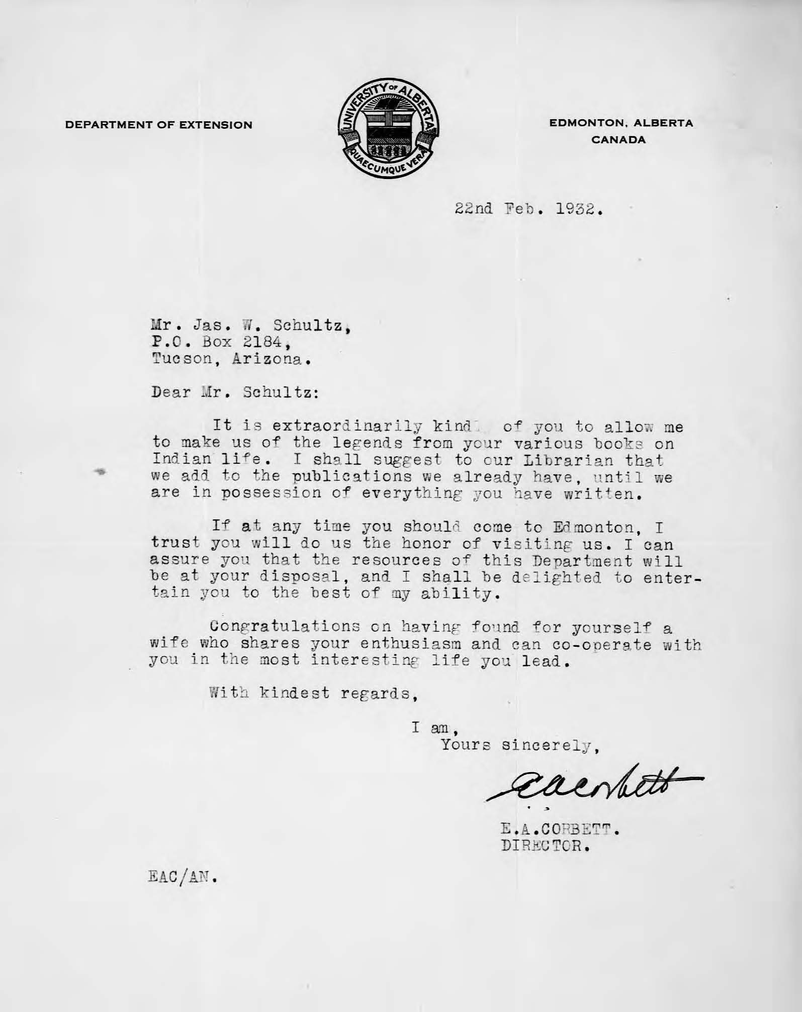 University of Alberta - A Letter Written by E.A. Corbett to James Willard Schultz Concerning Shultz