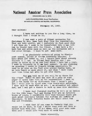 Letter from National Amateur Press Association to Schultz about visit to Glacier National Park