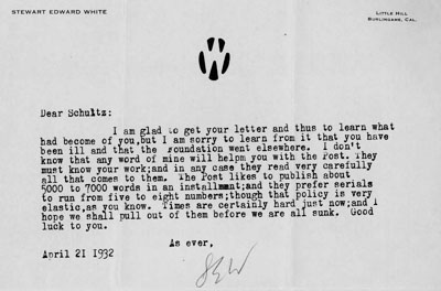 A Letter Stewart Edward White Wrote to James Willard Shultz When He Became Ill