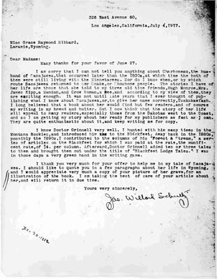 James Willard Schultz's Letter to Miss Grace Raymond Hibbard Concerning His Writing on Sacajawea
