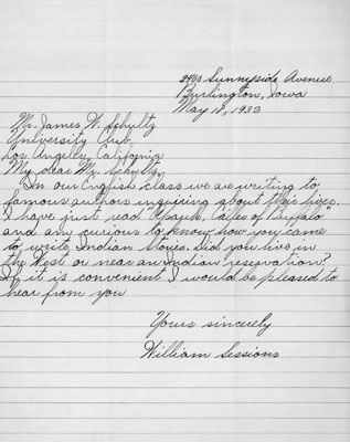 Letter Written by William Sessions to James W. Shultz Inquiring Information on His Life