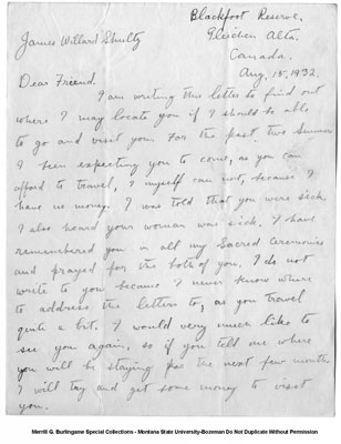Written Letter to James W. Schultz by Old Man Bull Asking for His Location
