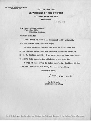 United States Department of the Interior - A Letter Written by H.C. Bryant to James Willard Schultz Concerning the inability to Recover Picture Negatives