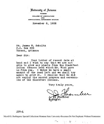 University of Arizona - A Letter Written by J.J. Thornber to Mr. James W. Shultz Concerning the Blackfeet Indian Tobacco Seed