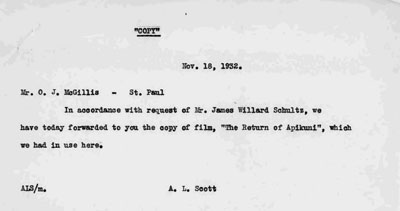 Letter Written by A.L. Scott to Mr. O.J. McGillis Concerning the Forwarding of the film,