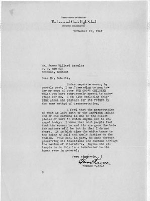 Letter by Thomas Teakle Sent to Mr. James Willard Schultz - Opinionated Paragraph about Teakle