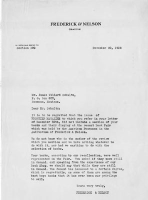 Letter from Frederick and Nelson to Mr. James Willard Schultz about the Decline of Demand for his Books