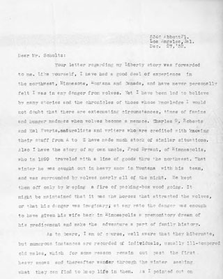 Letter from Paul Annixter to James Willard Schultz about the Brand Fictional Writers Receive after Writing about Wildlife