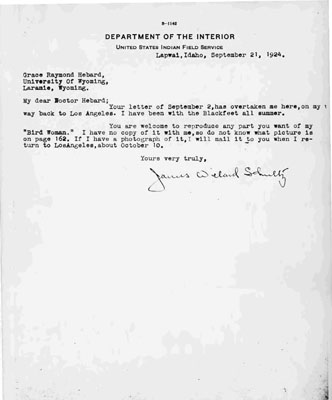 Letter James Willard Schultz Wrote to Doctor Grace Raymond Hebard Giving Her Rights to Use A Photograph