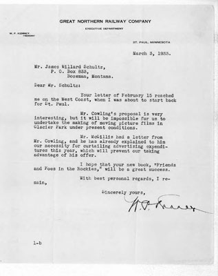 Letter Written by W.P. Kenney Corresponding to Mr. James Willard Schultz about the Possibility of Purchasing H.T. Cowling