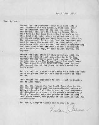 Written Letter to Apikuni by Wallace Palmer Requesting an Autograph
