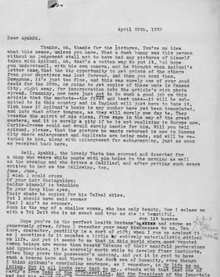 Written Letter to Apahki by Wallace Palmer Thanking Him for Sending Photographs