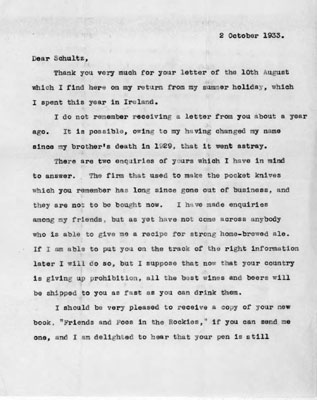 Letter Written to James W. Schultz Informing Him that the Last Letter He Sent Was Never Received