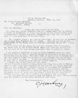 Written Letter to James W. Schultz Concerning the Blackfeet Indians