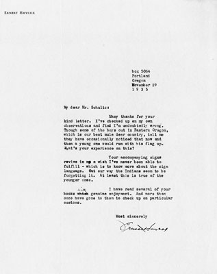 Letter Written by Ernest Haycox to Mr. James Willard Schultz Concerning Certain Signs and the Meaning Behind them in the Indian Culture