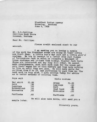 Letter to Mr. S.G. Phillips about Blackfeet costumes and clothes